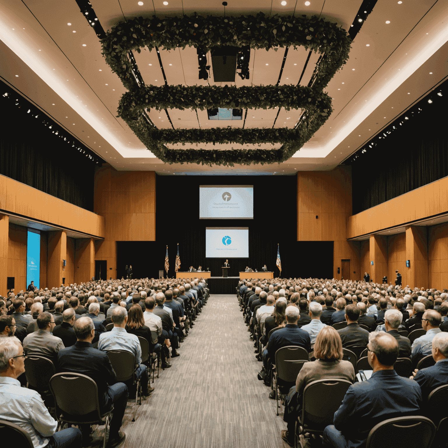 A large conference hall with sustainable decorations, filled with attendees listening to a speaker on stage discussing energy efficiency and carbon footprint reduction strategies