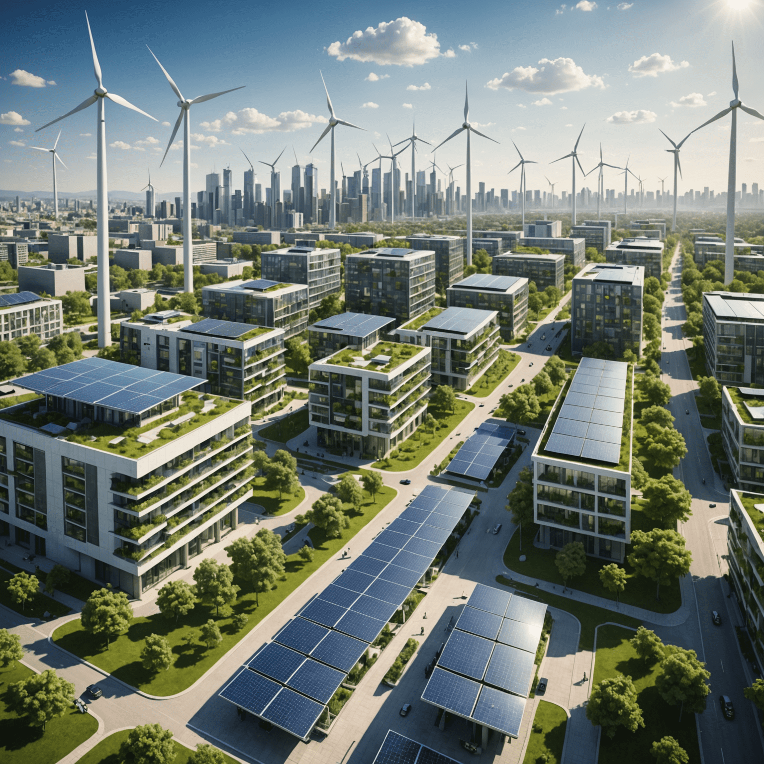 A panoramic view of a sustainable city with solar panels, wind turbines, and green buildings integrated seamlessly into the urban landscape, showcasing the future of energy-efficient development
