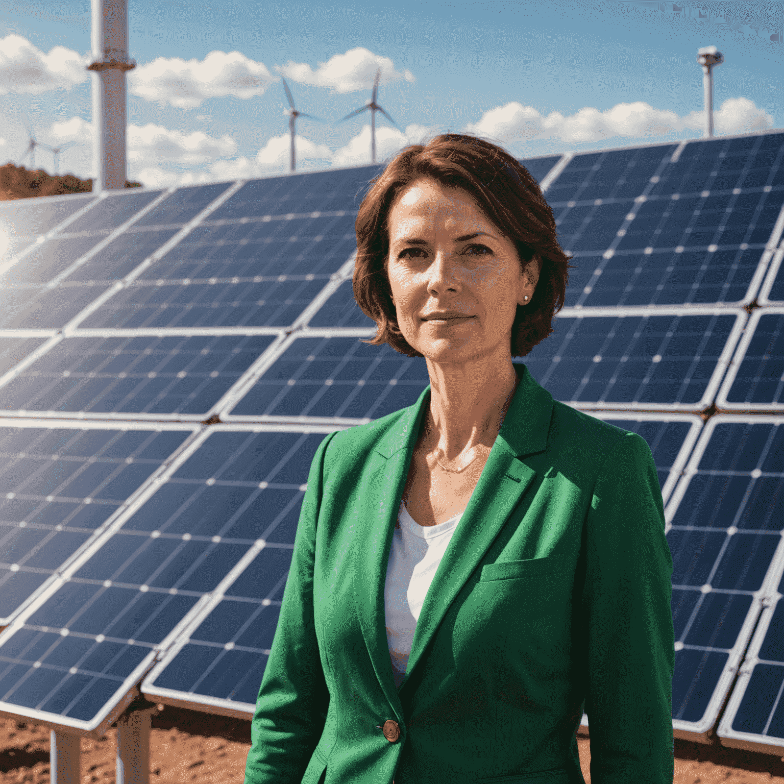 Dr. Emily Green, a woman in her 40s with short brown hair, wearing a green blazer, standing in front of a large solar panel array