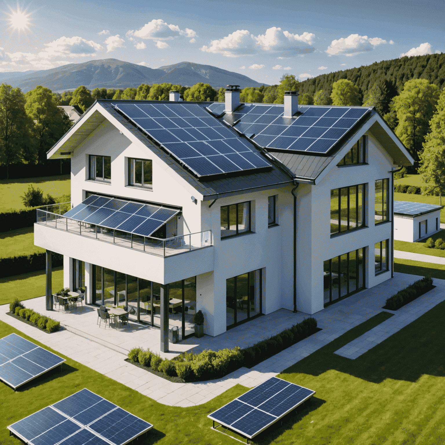 Visual representation of energy efficiency solutions, showing a modern building with solar panels and smart energy management systems