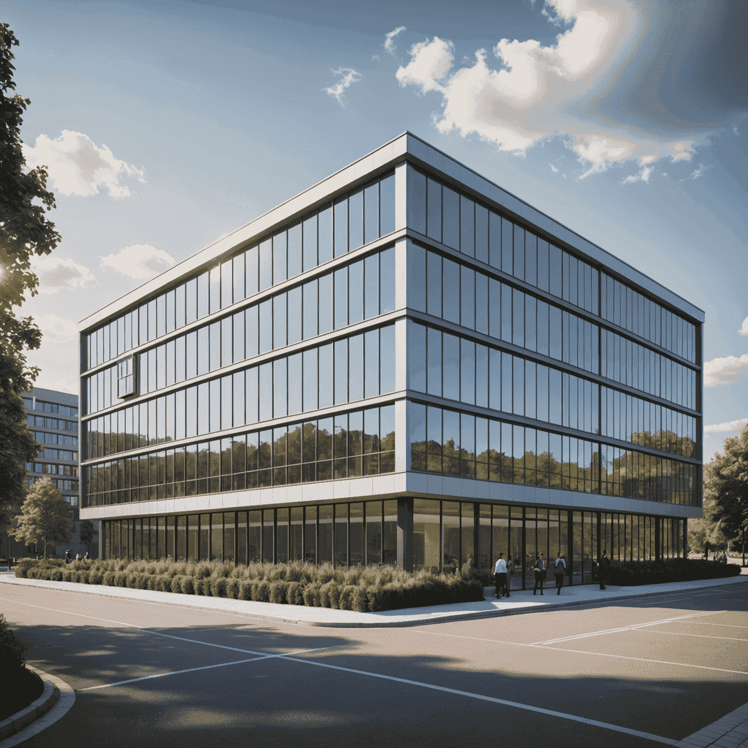 A modern office building with large windows and solar panels on the roof, showcasing energy-efficient architecture and renewable energy integration