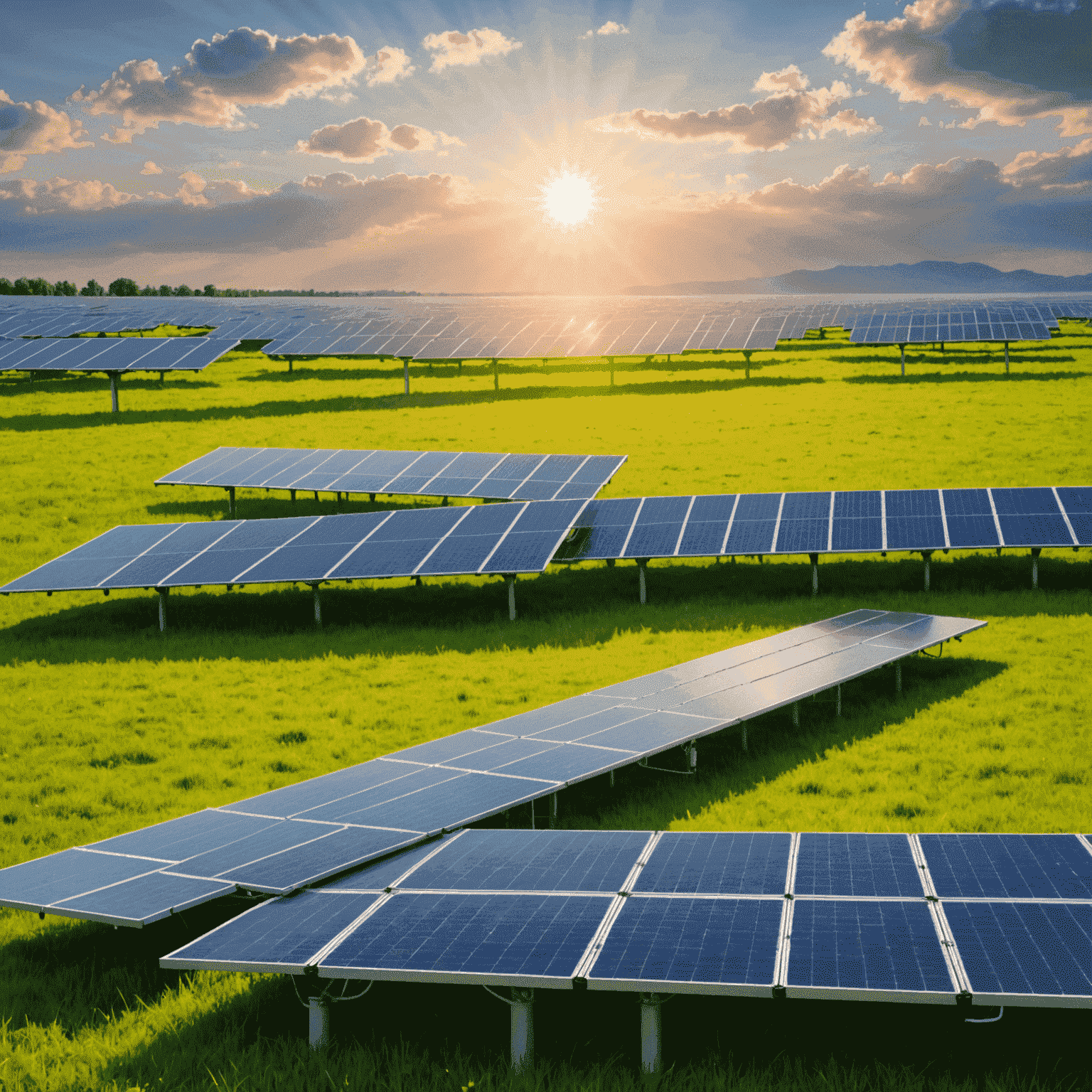 Solar panels array on a green field with a bright sun in the background, showcasing the potential of solar energy in sustainable development