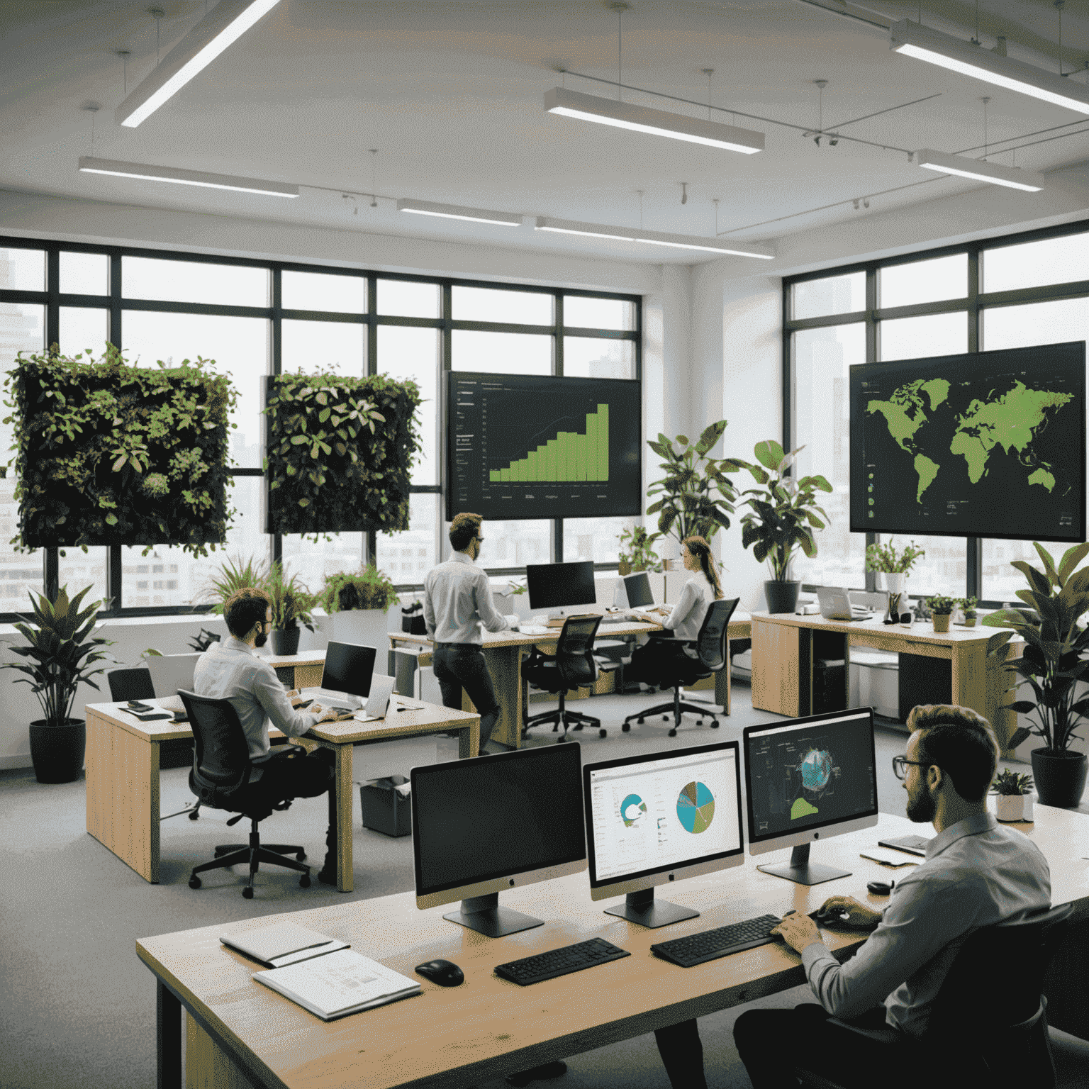 A group of people analyzing carbon footprint data on large screens in a modern, eco-friendly office with plants and natural light