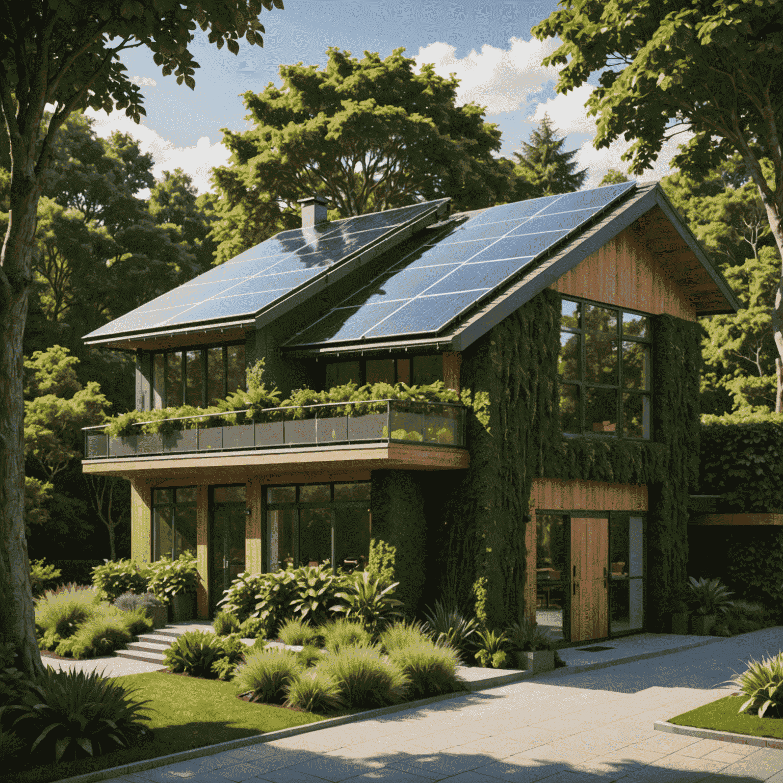 A modern, energy-efficient building with solar panels on the roof, surrounded by lush green landscaping. The building features large windows for natural light and a living green wall on one side.