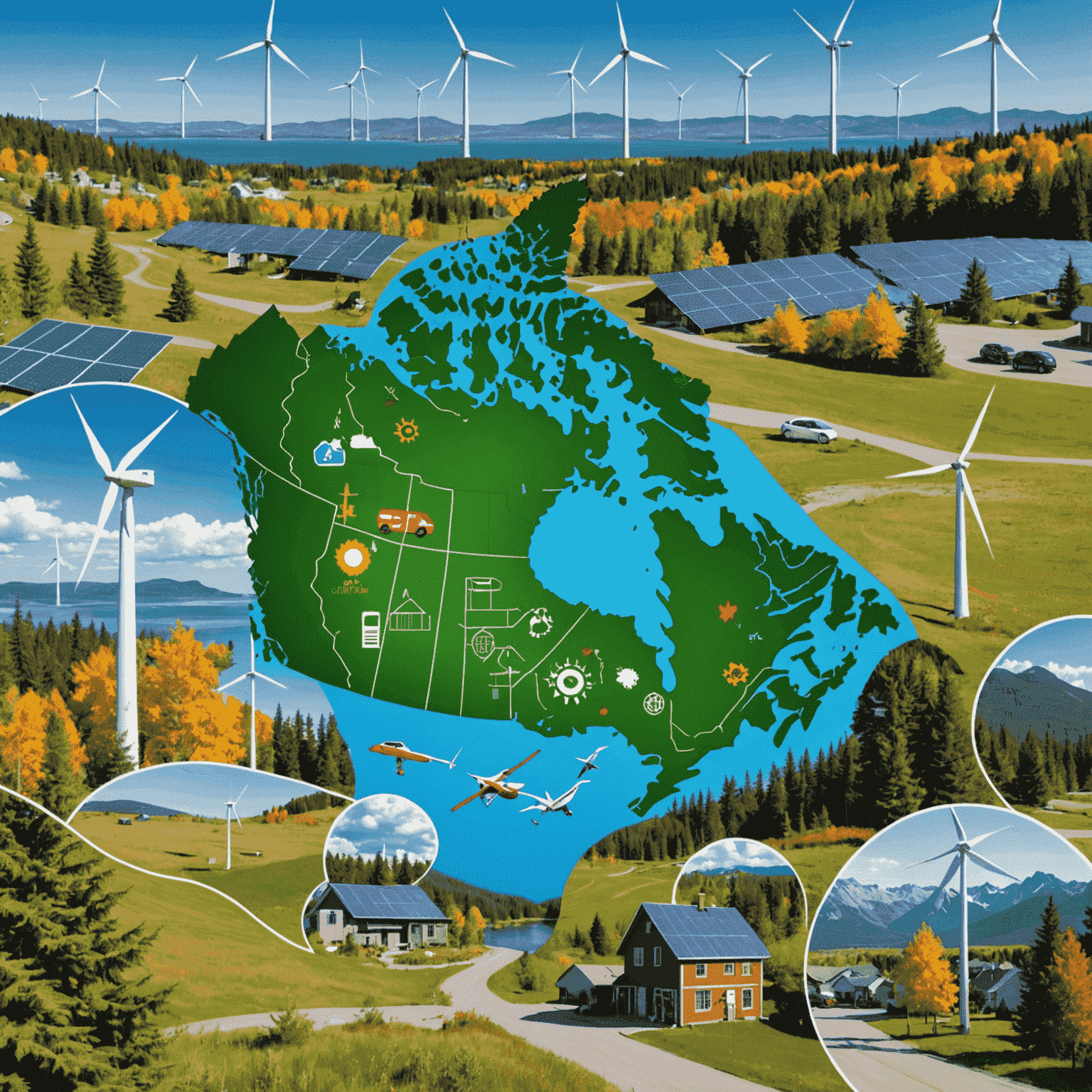 A collage of Canadian landmarks with overlaid icons representing various sustainable policies: wind turbines, solar panels, electric vehicles, and energy-efficient buildings. The image showcases the integration of green policies into the Canadian landscape.