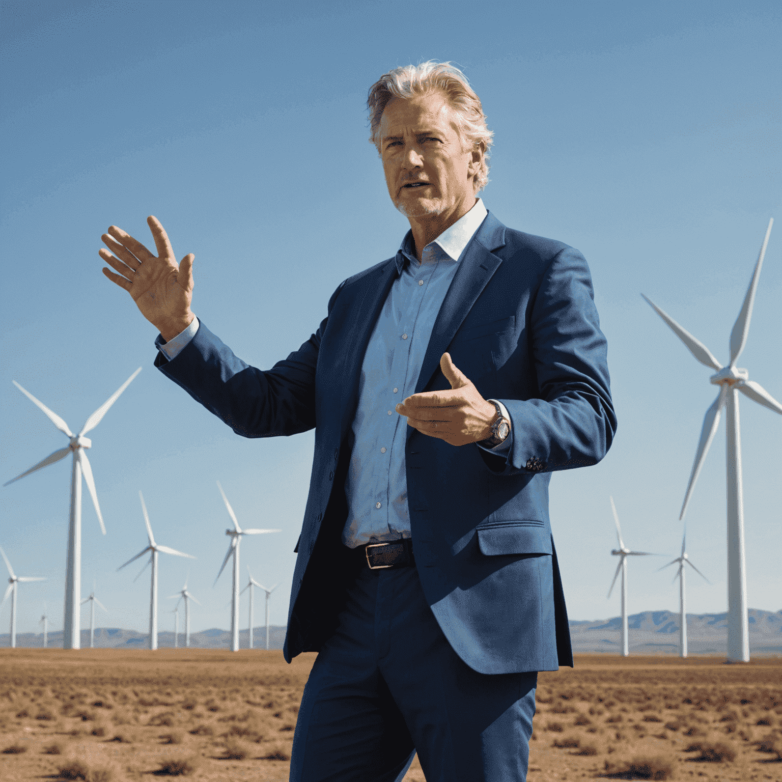 Michael Wind, a man in his 50s with salt and pepper hair, wearing a blue suit, gesturing towards a wind farm model