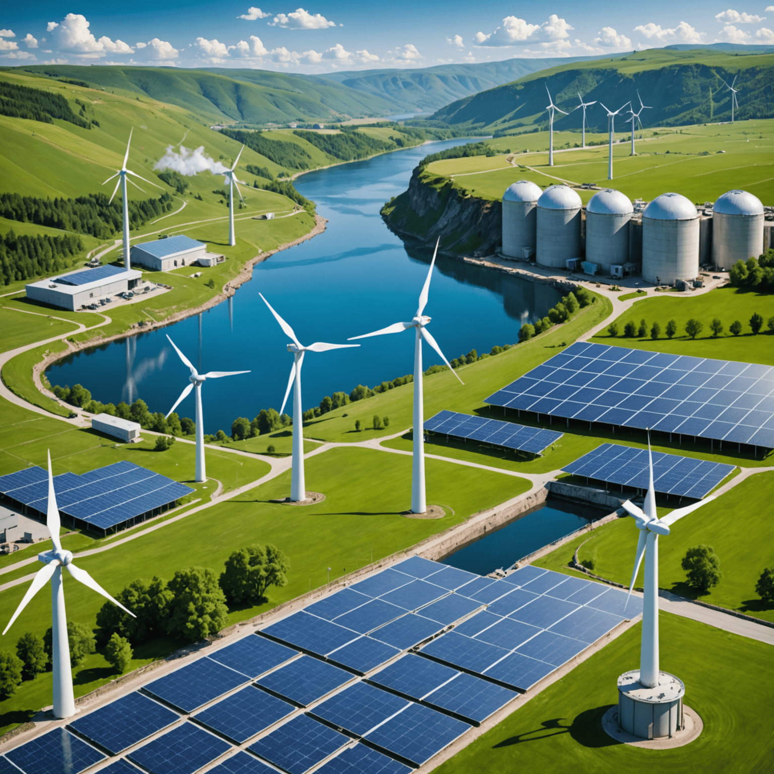 Collage of clean energy technologies including wind turbines, solar panels, hydroelectric dam, and geothermal plant