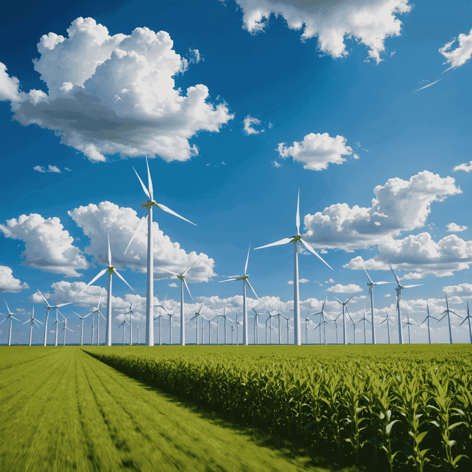 A field of modern wind turbines against a blue sky with fluffy clouds, representing clean and renewable wind energy