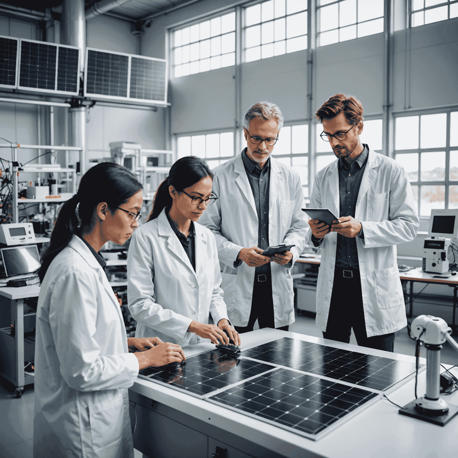 A diverse team of scientists and engineers working on sustainable energy solutions in a high-tech laboratory with solar panels and wind turbine models