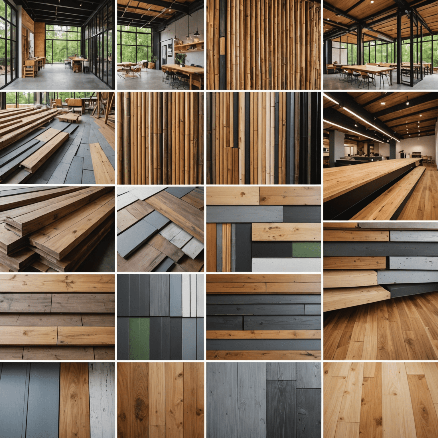 A collage of sustainable building materials including recycled steel beams, bamboo flooring, reclaimed wood panels, and low-VOC paints. The image showcases the variety and aesthetic appeal of eco-friendly construction materials.