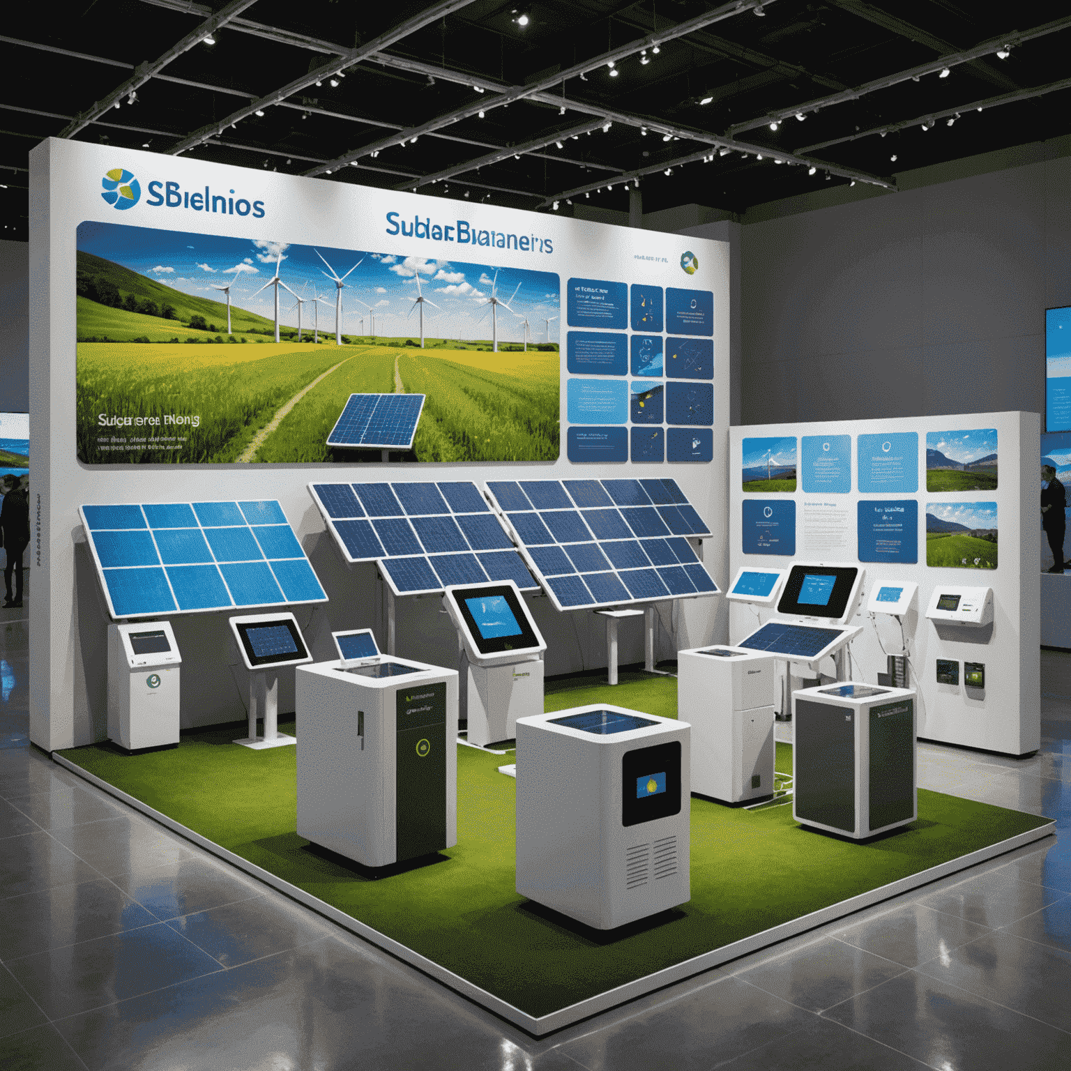 A futuristic display of various clean energy technologies, including solar panels, wind turbines, and energy storage solutions, arranged in an interactive exhibition setting