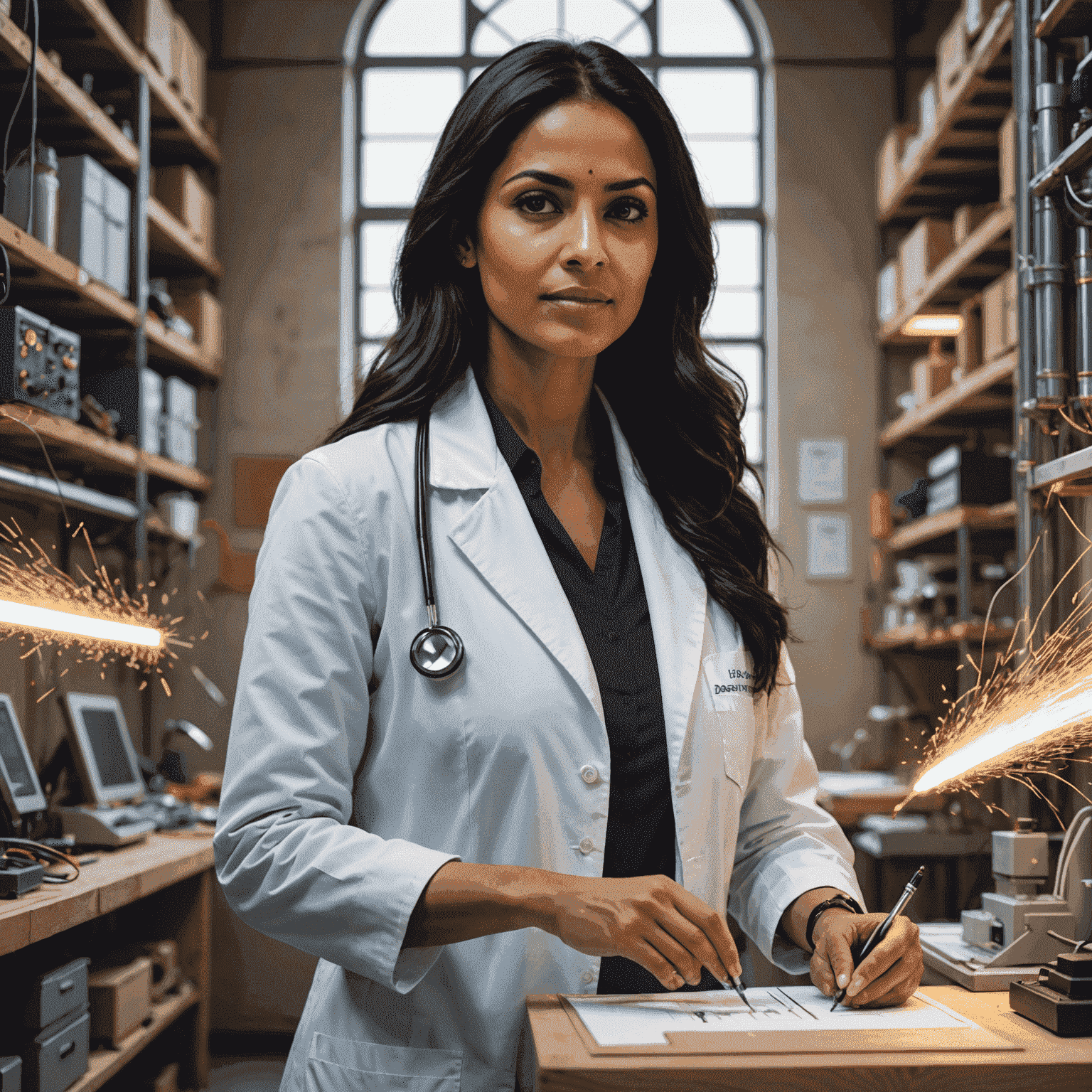 Dr. Aisha Patel, a woman in her 30s with long black hair, wearing a white lab coat, working with energy-efficient building materials