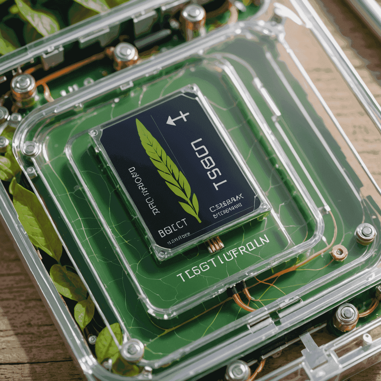 Close-up of a transparent, plant-based battery cell showing its internal eco-friendly components