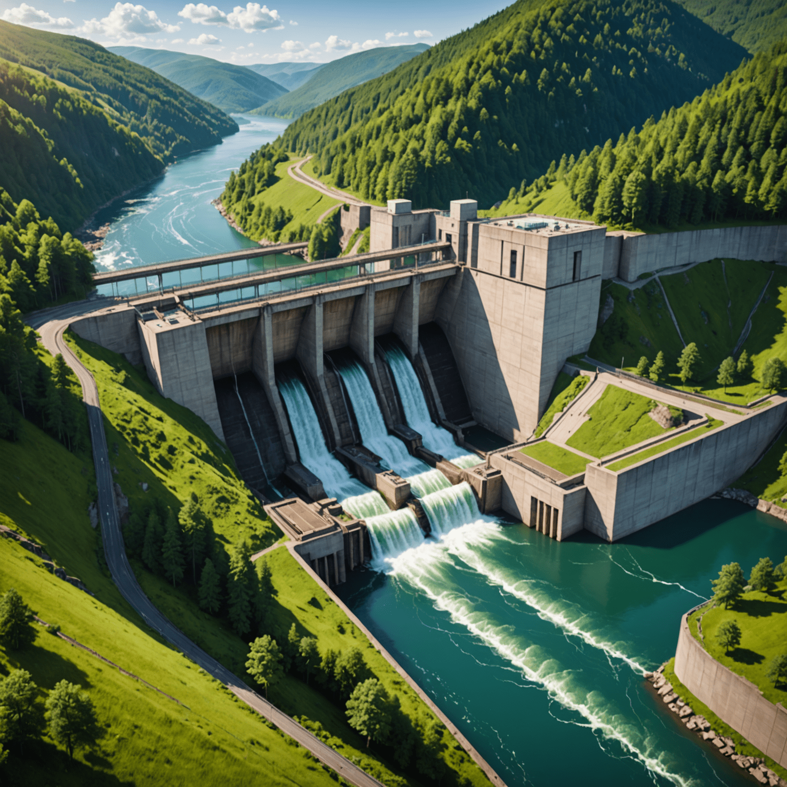 A modern hydroelectric dam with water flowing, surrounded by lush green forests, showcasing clean energy from water resources