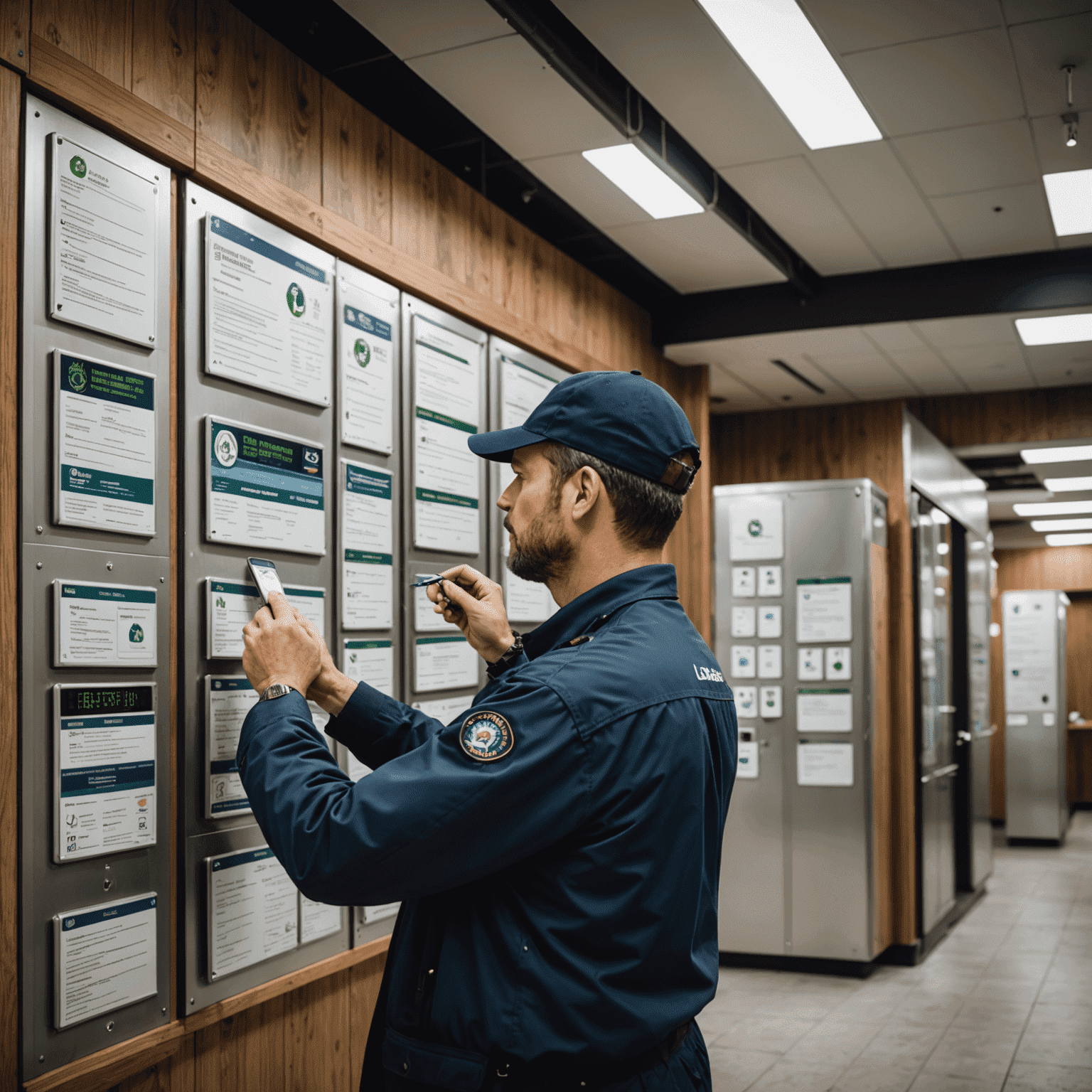 A building inspector examining a LEED Platinum certified building, focusing on its energy-efficient HVAC system and smart energy management controls. The image shows various certification plaques and energy performance displays.