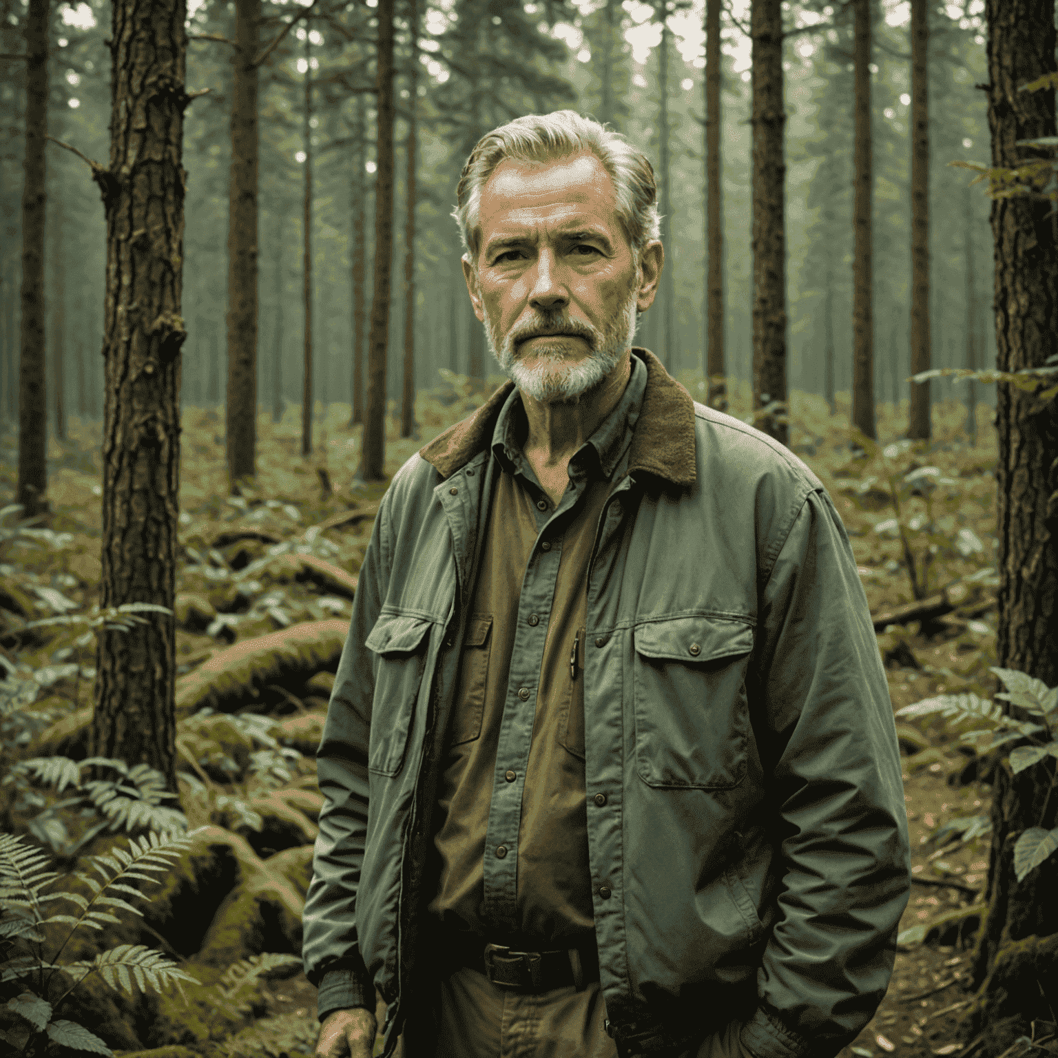 Robert Forest, a man in his 60s with grey hair and beard, wearing earth-toned clothing, standing in a reforested area