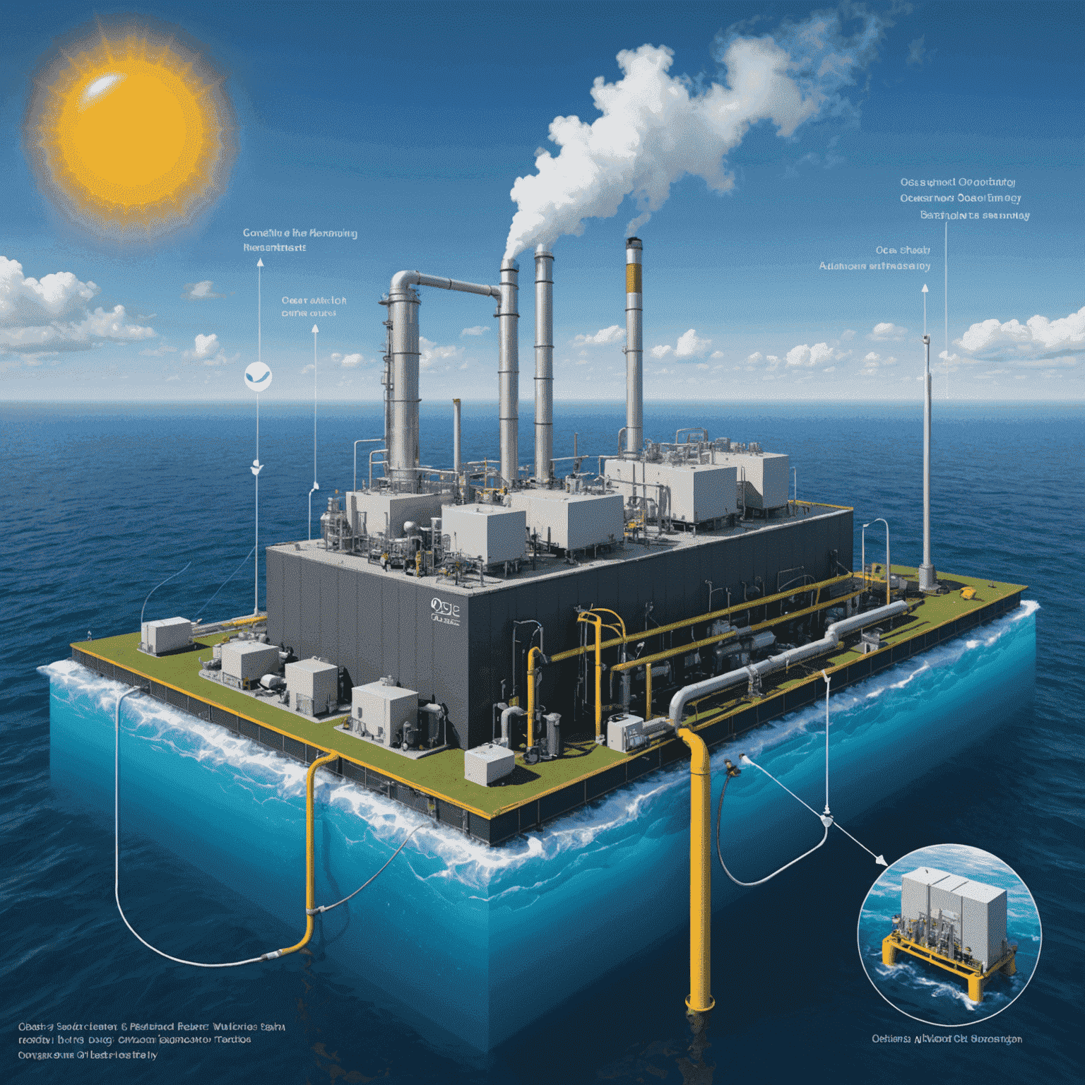 Diagram of an advanced OTEC system utilizing temperature differences in ocean water to generate clean electricity