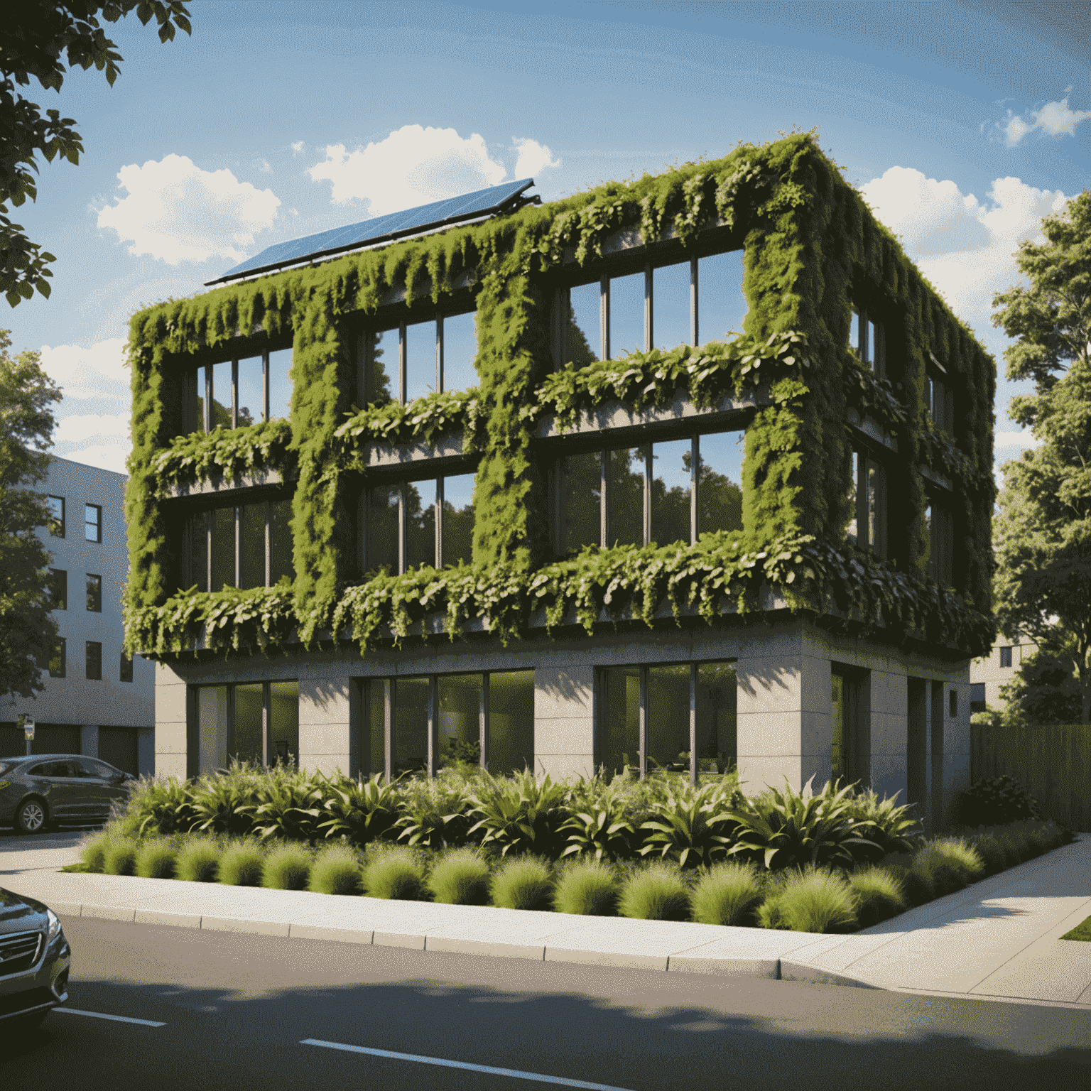 Architectural rendering of a green building with living walls, solar roof, and energy-efficient design
