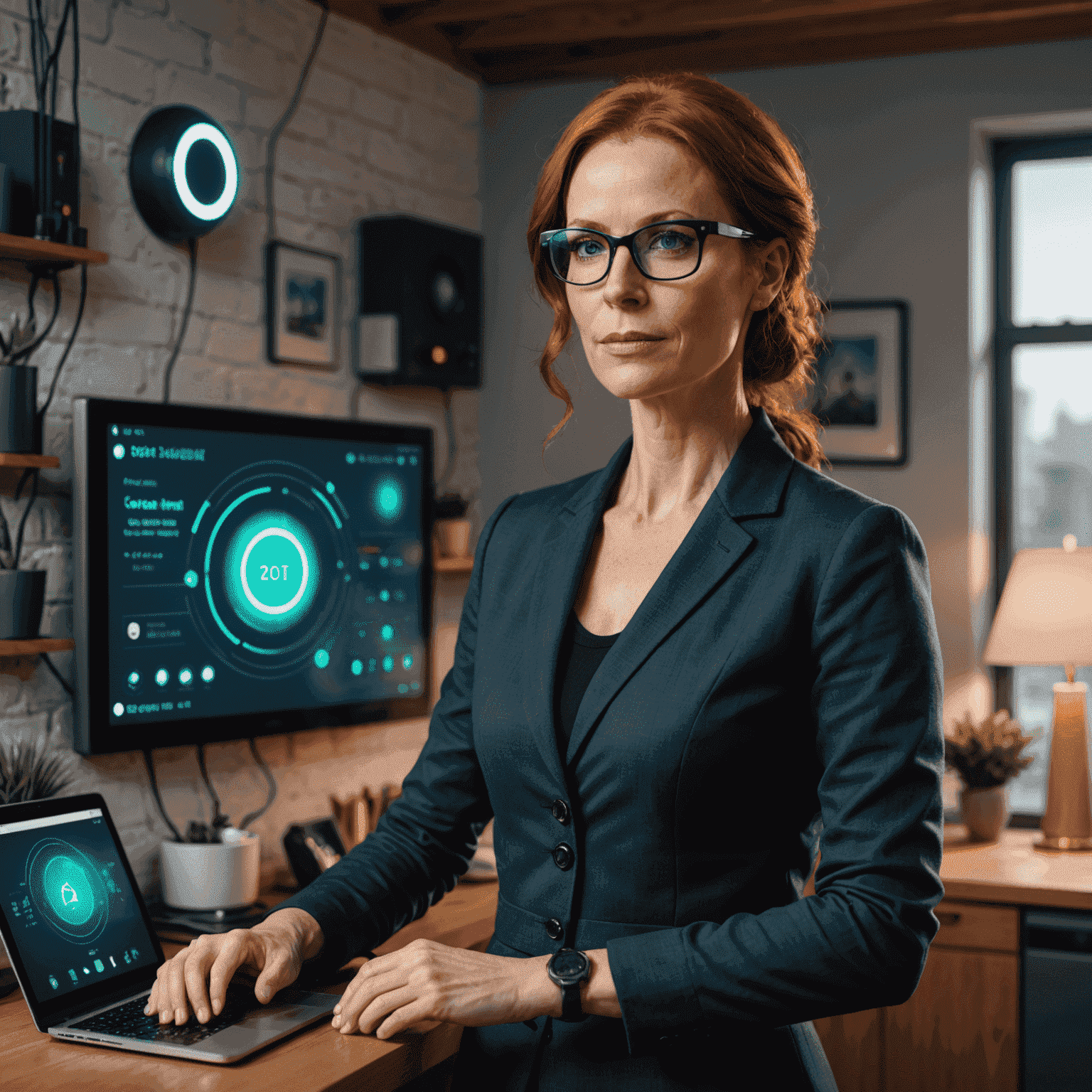 Sarah Tech, a woman in her 40s with red hair, wearing smart glasses and a tech-inspired outfit, demonstrating a smart home energy management system
