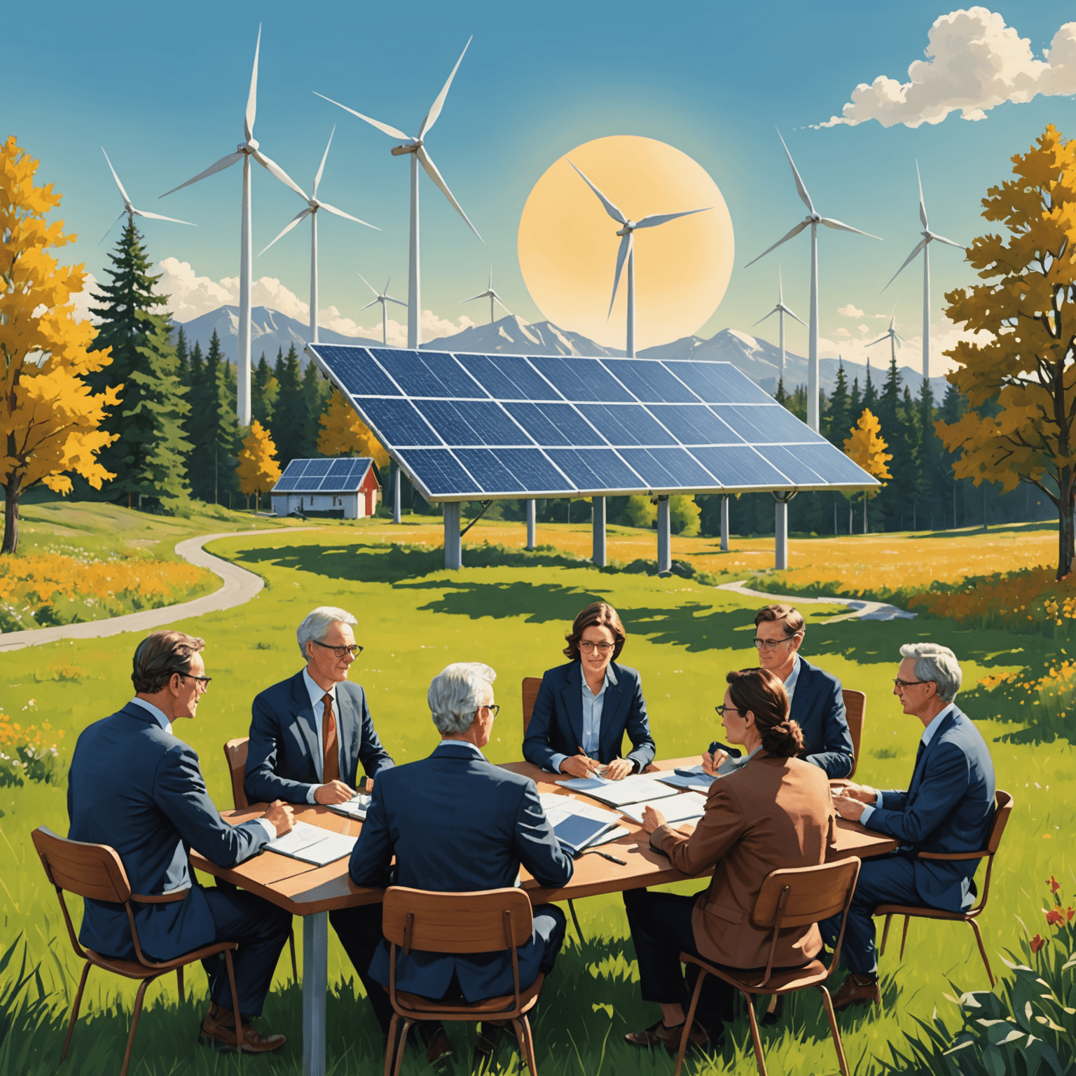Illustration of Canadian policy makers and clean energy advocates discussing sustainable development plans