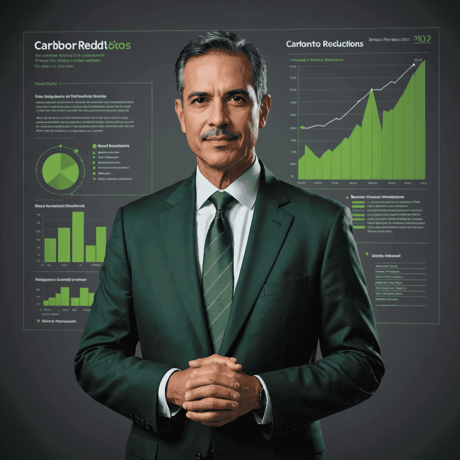 Dr. Carlos Rodriguez, a man in his 50s with short black hair, wearing a suit with a green tie, presenting a graph of carbon emission reductions